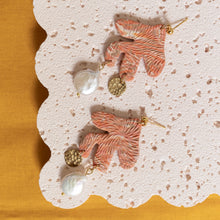 Load image into Gallery viewer, Textured Coral Earrings with Freshwater Pearl and Round Brass Charm