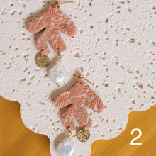 Load image into Gallery viewer, Textured Coral Earrings with Freshwater Pearl and Round Brass Charm