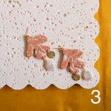 Load image into Gallery viewer, Textured Coral Earrings with Freshwater Pearl and Round Brass Charm