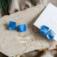 Load image into Gallery viewer, Rectangle royal blue stud earrings with gold details
