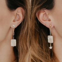 Load image into Gallery viewer, Boho Minimal Black and Blue Marble Gold Pleated Jewellery / Boho Neutral Marble Choker Necklace / Dainty Asymmetric Star and Moon Earrings