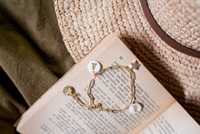 Load image into Gallery viewer, 18k gold pleated chain link bracelet / Clay keepsake bracelet / Gold filled paperclip chain bracelet with clay letters & gold filled charms