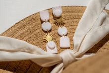 Load image into Gallery viewer, Neutral Statement Dangle Earrings with Golden Brass Sun