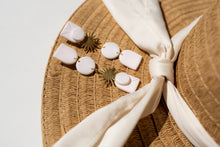 Load image into Gallery viewer, Neutral Statement Dangle Earrings with Golden Brass Sun