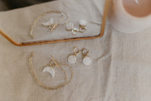 Load image into Gallery viewer, White Boho Star and Moon Clay Charm Gold Plated Chain Necklace / Boho polymer clay jewellery / Dainty White Star Boho Earrings on a Gold Plated Hoop