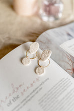 Load image into Gallery viewer, Textured Neutral Organic Shape Dangle Earrings with Brass Circle / Unique Minimal Dainty Dangle Beige Earringsarrings