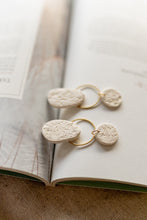 Load image into Gallery viewer, Textured Neutral Organic Shape Dangle Earrings with Brass Circle / Unique Minimal Dainty Dangle Beige Earringsarrings