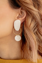 Load image into Gallery viewer, Textured Neutral Organic Shape Dangle Earrings with Brass Circle / Unique Minimal Dainty Dangle Beige Earringsarrings