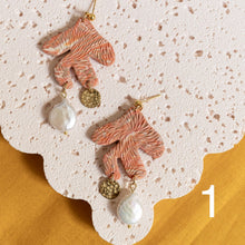 Load image into Gallery viewer, Textured Coral Earrings with Freshwater Pearl and Round Brass Charm
