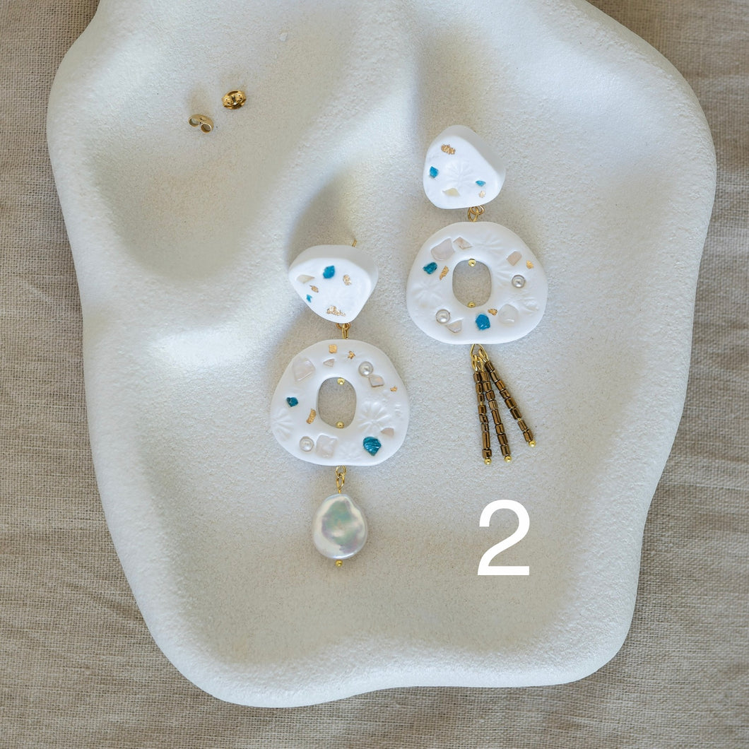 ‘Sea Treasures’ Asymmetric Textured White Coastal Earrings with Beads and Pearls