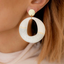 Load image into Gallery viewer, Textured Neutral Colour Statement Round Earrings with Golden Details
