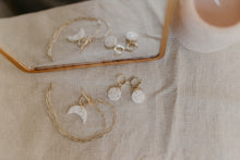 Load image into Gallery viewer, White Boho Star and Moon Clay Charm Gold Plated Chain Necklace / Boho polymer clay jewellery / Dainty White Star Boho Earrings on a Gold Plated Hoop
