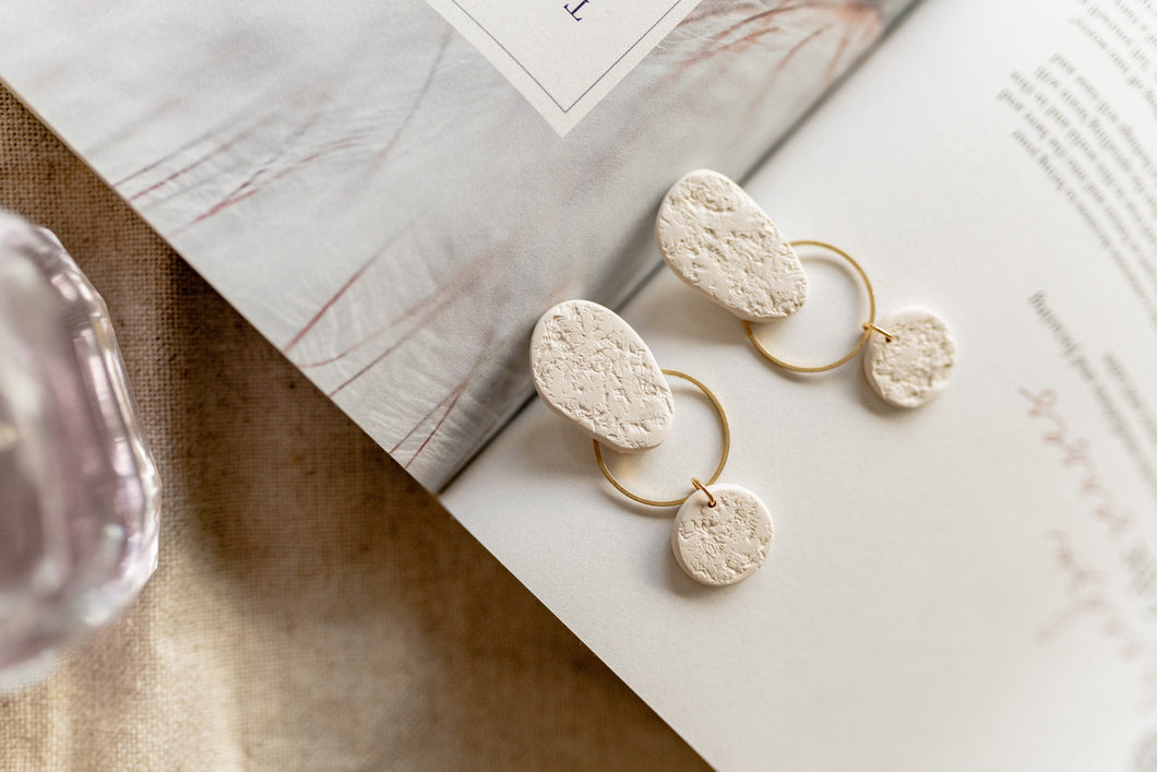 Textured Neutral Organic Shape Dangle Earrings with Brass Circle / Unique Minimal Dainty Dangle Beige Earringsarrings