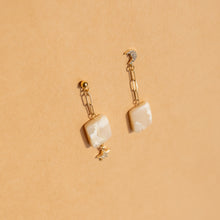 Load image into Gallery viewer, Neutral Marble Boho Earrings with Gold Plated Chain and Star and Moon Pendants
