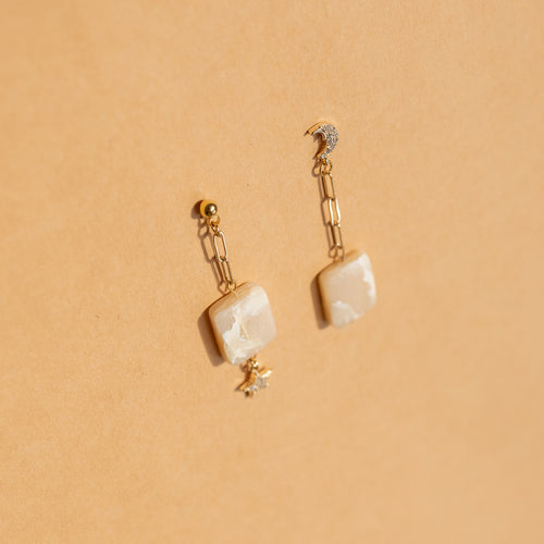 Neutral Marble Boho Earrings with Gold Plated Chain and Star and Moon Pendants